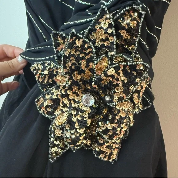 Authentic Vintage 20s Flapper 100% Silk Beaded Gold Black Flower Appliqué Dress